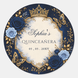 Navy Gouden Bloem Vlinder Quinceañera Ronde Sticker