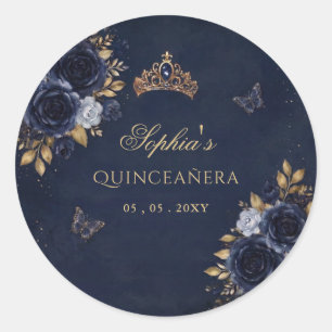 Navy Gouden Bloem Vlinder Quinceañera Ronde Sticker