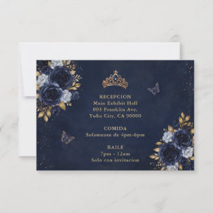 Navy Gouden Bloem Vlinder Quinceañera RSVP Kaartje