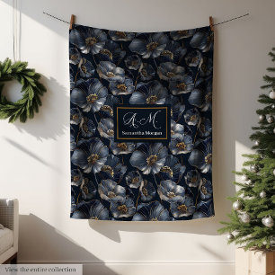 Navy Gouden Bloemengeworf Elegante Monogramdeken Fleece Deken