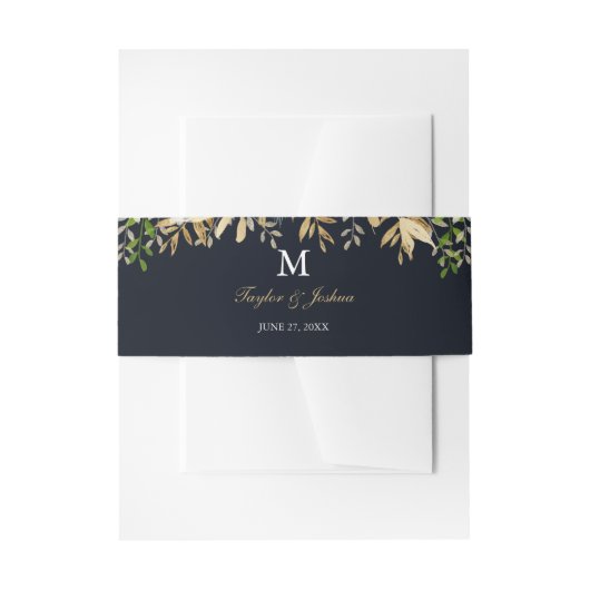 Navy Gouden Bloemenschildering Waterverf Bruiloft Uitnodigingen Wikkel (Voorkant Voorbeeld)