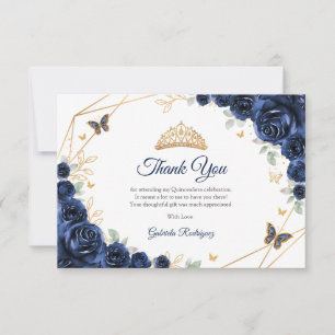 Navy Gouden Bloemstuk Quinceanera Bedankkaart