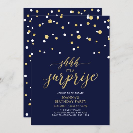 Navy & Gouden Confetti Volwassenen Verjaardagsfees Kaart (Voorkant / Achterkant)