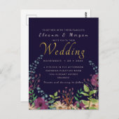 Navy gouden folie bloemen bruiloft briefkaart (Voorkant / Achterkant)