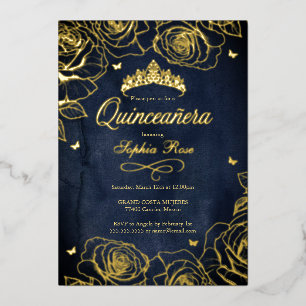Navy Gouden Kroonrozen Thema Quinceanera Folie Uitnodiging