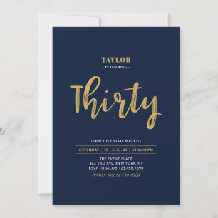 Navy & Gouden Lettering 30e Verjaardagsfeestje Kaart