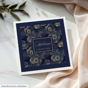 Navy Gouden Luxe Servetten Met Naam Bloemaccent