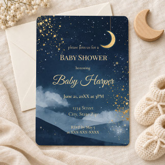 Navy Gouden Maan en Sterren Hemelse Baby Shower Kaart