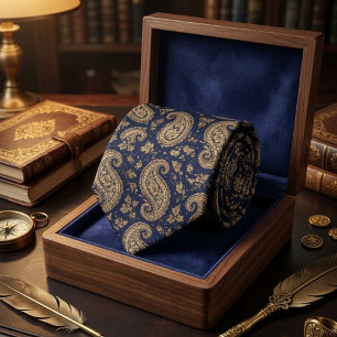 Navy Gouden Paisley Klassiek Barok Patroon Stropdas