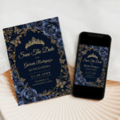 Navy Gouden Vlinders Rozen Quinceanera Save The Date