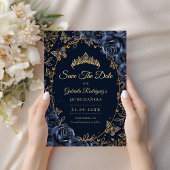 Navy Gouden Vlinders Rozen Quinceanera Save The Date
