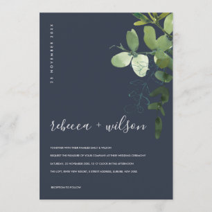 NAVY GREEN EUCALYPTUS FOLIAGE WATERVERF WEDDING KAART