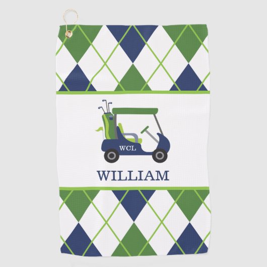 Navy & Green Golf Cart Monogram Golf Towel Golfhanddoek (Voorkant)