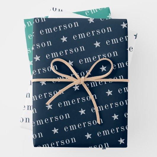 Navy Green Repo Monogram Name Star Inpakpapier Vel (In situ)