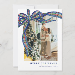 Navy Green Tartan Bow Kerstfoto Vakantie Kaart