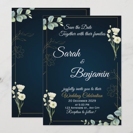 Navy Greenery Elegant Wedding Invitation (Devant / Derrière)