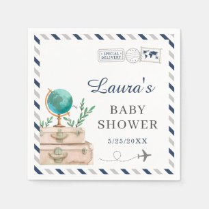 Navy Grey World Travel Airplane Baby Boy Shower Servet
