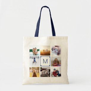 Navy Griekse Sleutel Monogram 8 Foto Collage Tote Bag