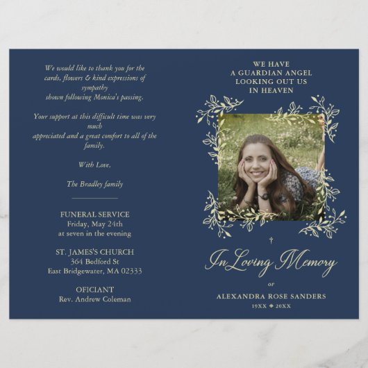 Navy Hand Lettered Chic Flourish Funeral Memorial (Voorkant)