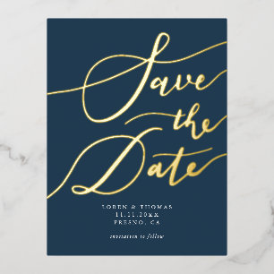 Navy Handwrity Calligraphy Save the Date Folie Uitnodiging Briefkaart