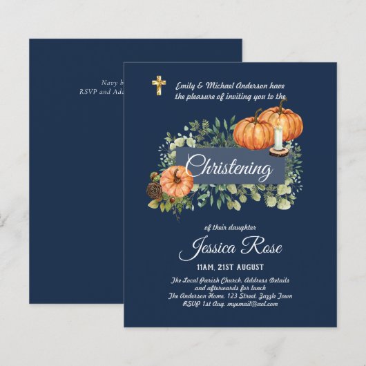 Navy HERFST Christening Invites Baptisme (Voorkant / Achterkant)