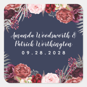 Navy Herfst Marsala Blush Roze Pioen Trouwgunst Vierkante Sticker