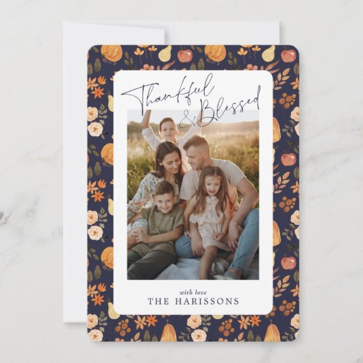 Navy herfst patterned Thanksgiving fotokaart Kaart (Voorkant)