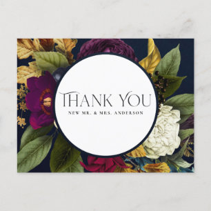 NAVY HERFST RETRO BURGUNDY FLORAL WEDING DANK U BRIEFKAART