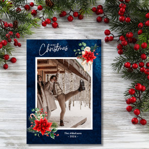 Navy Holly Berries Vrolijk Kerstfeest Foto Feestdagenkaart