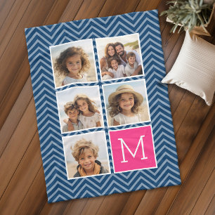 Navy Hot Pink Instagram 5 Photo Collage Monogram Fleece Deken