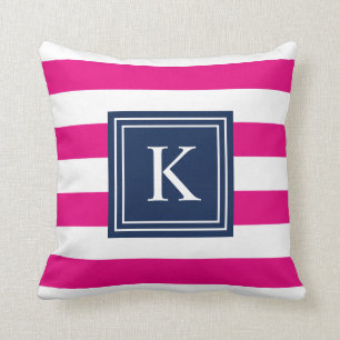 Navy & Hot Pink Monogram gestreept Sierkussen