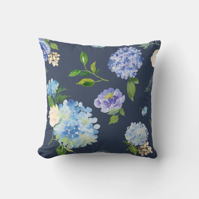 Navy Hydrangea Floral Deco Sierkussennen Kussen (Voorkant)