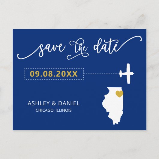 Navy Illinois Wedding Save the Date Map Briefkaart (Voorkant)