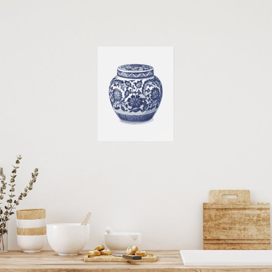 Navy Indigo Blue Floral Ginger Jar Pattern Poster (Keuken)