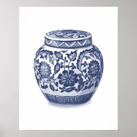 Navy Indigo Blue Floral Ginger Jar Pattern Poster (Voorkant)