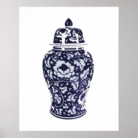 Navy Indigo Blue  Floral Ginger Jar Vase Poster (Voorkant)