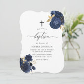 Navy Indigo Blue Floral Gold Leaf Baptisme Kaart (Staand voorkant)