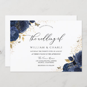 Navy Indigo Blue Flowers Butterfly Wedding Kaart