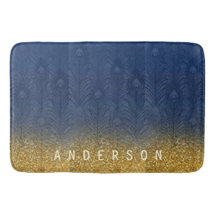 Navy Indigo Blue Glitter Gold Feather, gepersonali Badmat