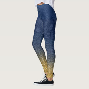 Navy Indigo Blue Glitter Gold Peacock Feather Leggings
