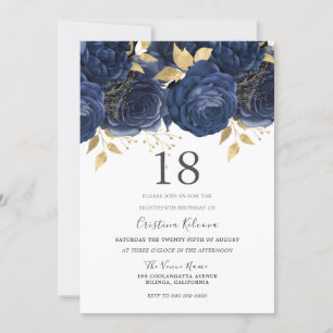 Navy Indigo Blue & Gold Floral 18th Birthday Party Kaart