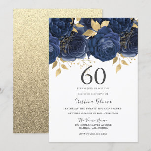 Navy Indigo Blue & Gold Floral 60th Birthday Party Kaart