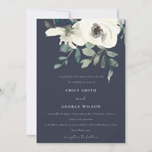 NAVY IVORY WHITE FLORAL WATERVERF BUNCH WEDDING KAART (Voorkant)