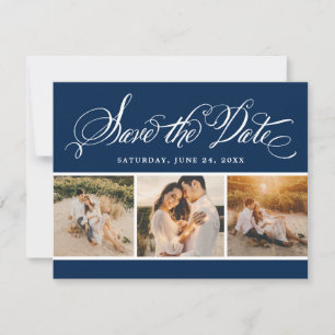 Navy kalligrafie Script bruiloft foto collage Save The Date