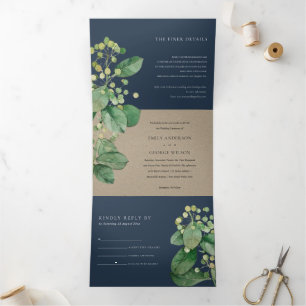 NAVY KRAFT BERRY LEAFY FOLIAGE GREENERY WEDDING DRIELUIK UITNODIGING