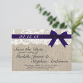 Navy Lace & Burlap Wedding Save the Date (Staand voorkant)