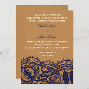 Navy Lace en Kraft Paper Wedding Kaart