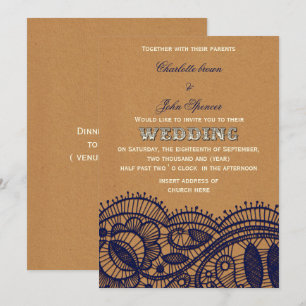 Navy Lace en Kraft Paper Wedding Kaart