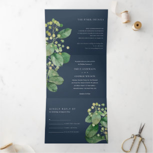 NAVY LEAFY FOLIAGE GREENERY WATERVERF WEDDING DRIELUIK UITNODIGING