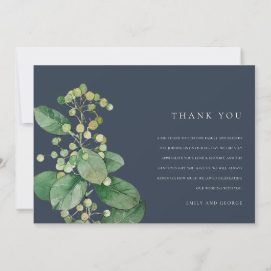 NAVY LEAVES FOLIAGE GREENERY WATERVERF WEDDING BEDANKKAART (Voorkant)